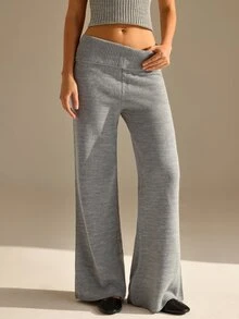 CLARA VERO Foldover Waist Flare Knit Pants, Mid Rise, Street Or Home, Flared Leg, Folded Waistband, Full Length - Grey - View 6
