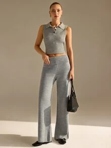 CLARA VERO Foldover Waist Flare Knit Pants, Mid Rise, Street Or Home, Flared Leg, Folded Waistband, Full Length - Grey - View 5