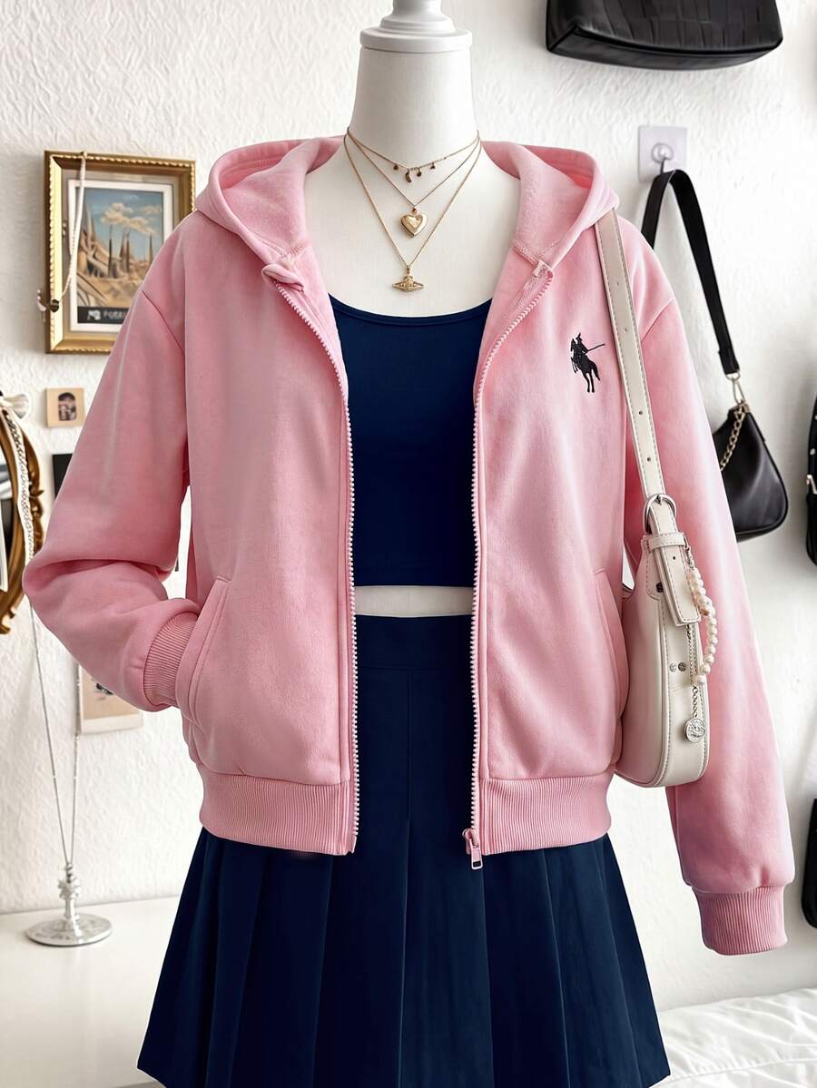 SHEIN Sweetra Young 秋冬女童粉色馬刺繡抓絨內裡連帽拉鍊外套，休閒柔粉色，簡約甜美，保暖抓絨，秋冬百搭