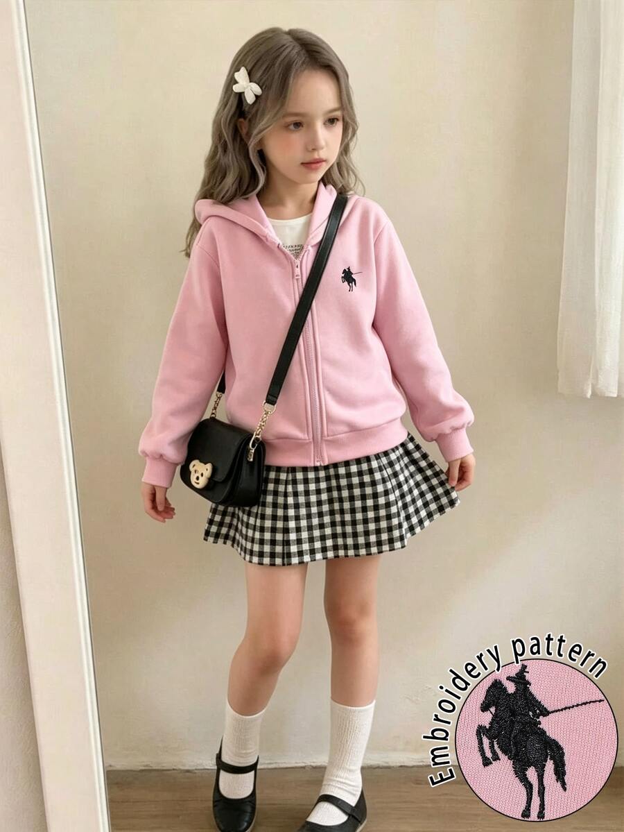 SHEIN Sweetra Young 青少年女孩抓絨冬季長袖夾克外套 拉鍊開襟 淺粉色 返校季街頭風 可愛學院風 校園職業日校外穿搭