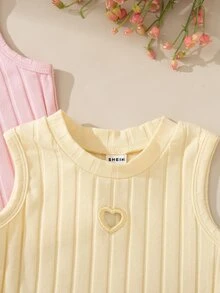 Souflis Souflis 2pcs/Set Baby Girl 0-3 Years Cotton Knit Hollow Heart Sleeveless Ribbed Tank Tops,Cute Pink And Yellow Summer Toddler Vests For Graduation,New Tops - Multicolor - View 5