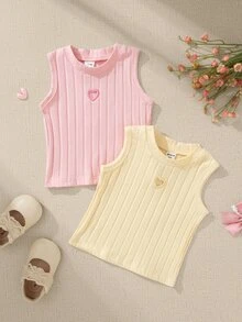 Souflis Souflis 2pcs/Set Baby Girl 0-3 Years Cotton Knit Hollow Heart Sleeveless Ribbed Tank Tops,Cute Pink And Yellow Summer Toddler Vests For Graduation,New Tops - Multicolor - View 3