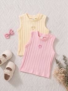 Souflis Souflis 2pcs/Set Baby Girl 0-3 Years Cotton Knit Hollow Heart Sleeveless Ribbed Tank Tops,Cute Pink And Yellow Summer Toddler Vests For Graduation,New Tops - Multicolor - View 1