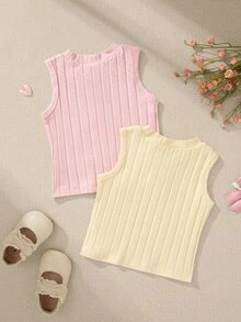 Souflis Souflis 2pcs/Set Baby Girl 0-3 Years Cotton Knit Hollow Heart Sleeveless Ribbed Tank Tops,Cute Pink And Yellow Summer Toddler Vests For Graduation,New Tops - Multicolor - View 2