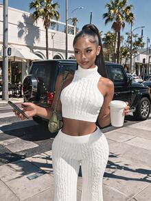 Amplova Women's Elastic Waist Cable Knit Casual Sexy Flare Leg Pants Going Out Night Out All White Autumn - Apricot - View 1