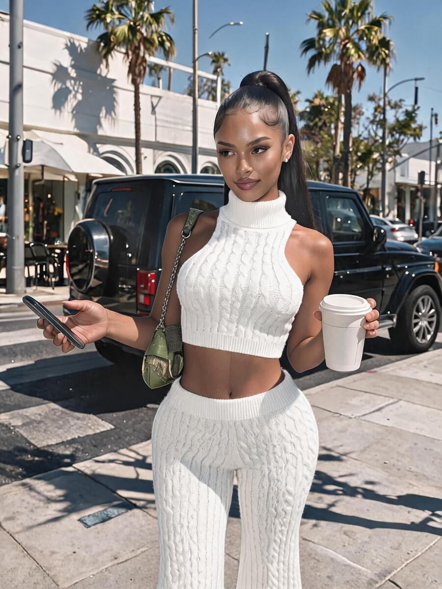Amplova Women's Elastic Waist Cable Knit Casual Sexy Flare Leg Pants Going Out Night Out All White Autumn - Apricot - View 1