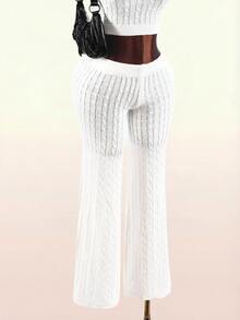 Amplova Women's Elastic Waist Cable Knit Casual Sexy Flare Leg Pants Going Out Night Out All White Autumn - Apricot - View 3