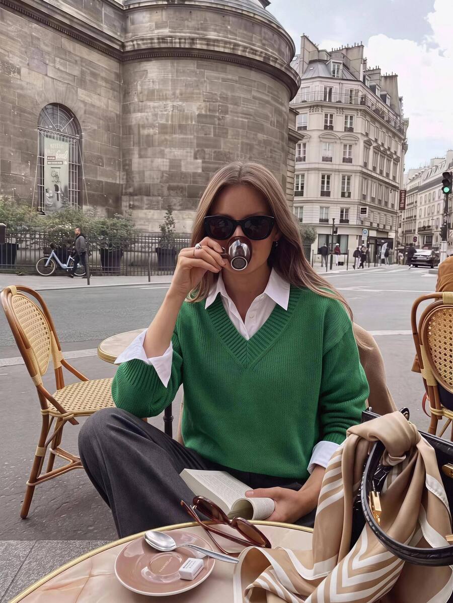 Dayvera Women's V Neck Pullover Sweater Forest Green Long Sleeve Fall Winter Knit Top,Going Out Tops Women - Green - View 1