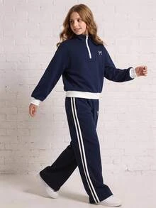 SHEIN Tween女孩童裝秋冬藍色拼接對比色長袖運動衫，蝴蝶結圖案，休閒運動日常穿搭 - 藏蓝色 - 查看 6