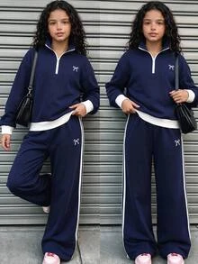 SHEIN Tween女孩童裝秋冬藍色拼接對比色長袖運動衫，蝴蝶結圖案，休閒運動日常穿搭 - 藏蓝色 - 查看 1