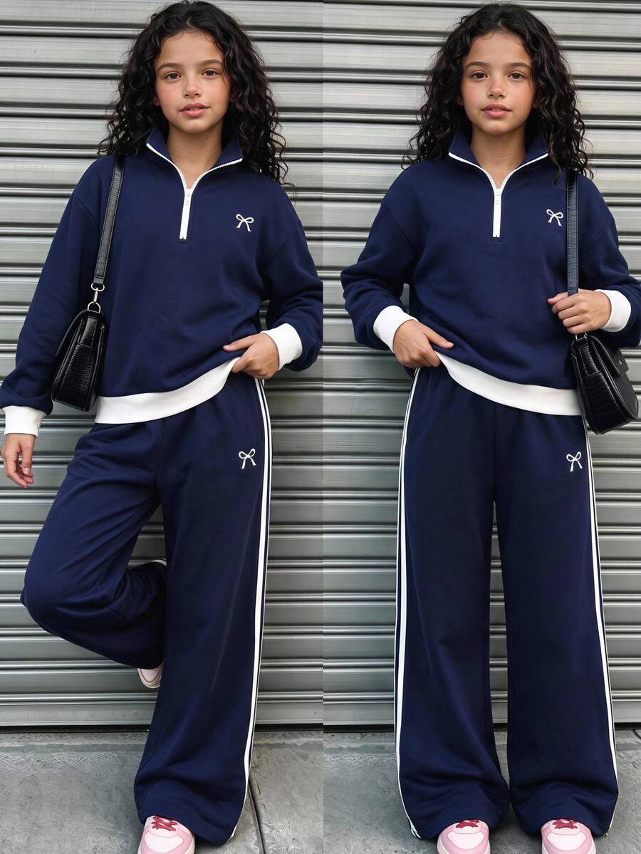 SHEIN Tween女孩童裝秋冬藍色拼接對比色長袖運動衫,蝴蝶結圖案,休閒運動日常穿搭 - 藏蓝色 - 查看 1