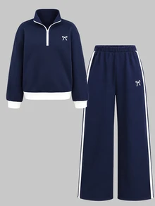 SHEIN Tween女孩童裝秋冬藍色拼接對比色長袖運動衫，蝴蝶結圖案，休閒運動日常穿搭 - 藏蓝色 - 查看 4