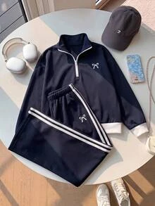 SHEIN Tween女孩童裝秋冬藍色拼接對比色長袖運動衫，蝴蝶結圖案，休閒運動日常穿搭 - 藏蓝色 - 查看 2