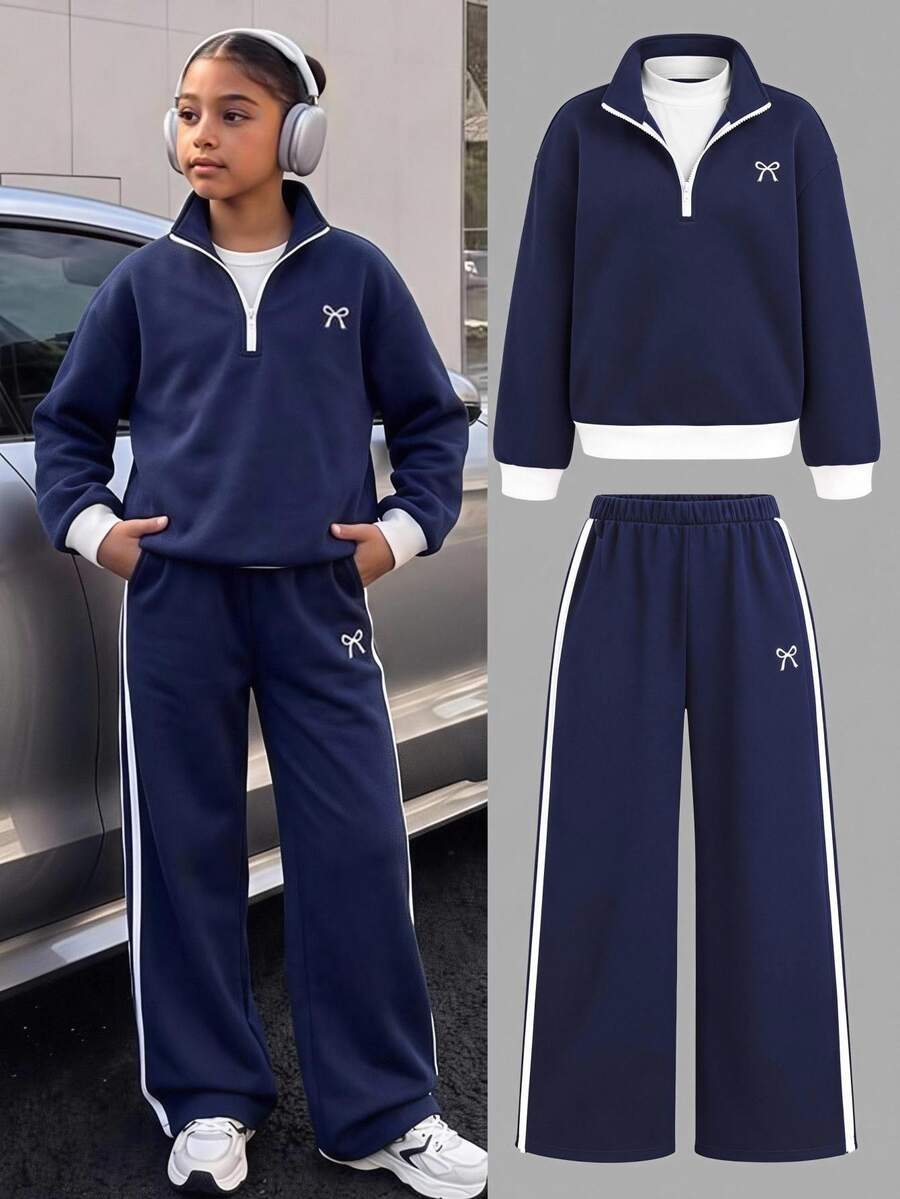 SHEIN Sweatshirt Lengan Panjang Motif Pita Warna Kontras Patchwork Biru untuk Anak Perempuan Usia Musim Gugur/Dingin, Pakaian Kasual Olahraga Sehari-hari - Navy Blue - View 1