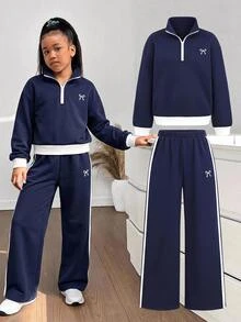 SHEIN Tween女孩童裝秋冬藍色拼接對比色長袖運動衫，蝴蝶結圖案，休閒運動日常穿搭 - 藏蓝色 - 查看 7