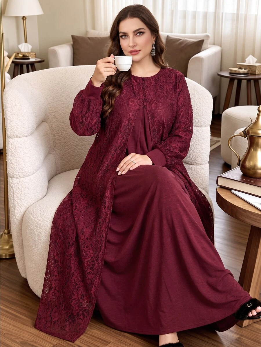 Al Najma Casual Minimalist Solid Color Lace Round Neck Front Slit Long ...