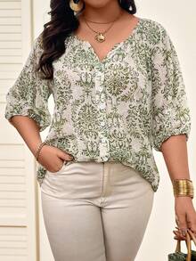 SHEIN LUNE CURVE Plus Size Women's Satin Floral Print Notched Collar Blouse Fall - Multicolor - View 7