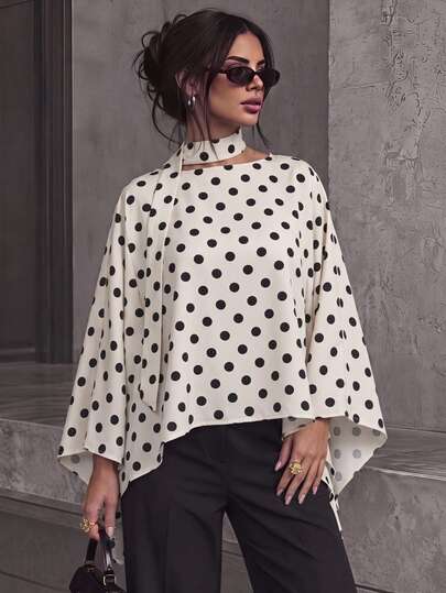 Firerie Women's New Autumn Long Sleeve White Polka Dot Cape Style Simple Blouse, Scarf Tie, Loose Casual, Modern Commute Street Daily Wear