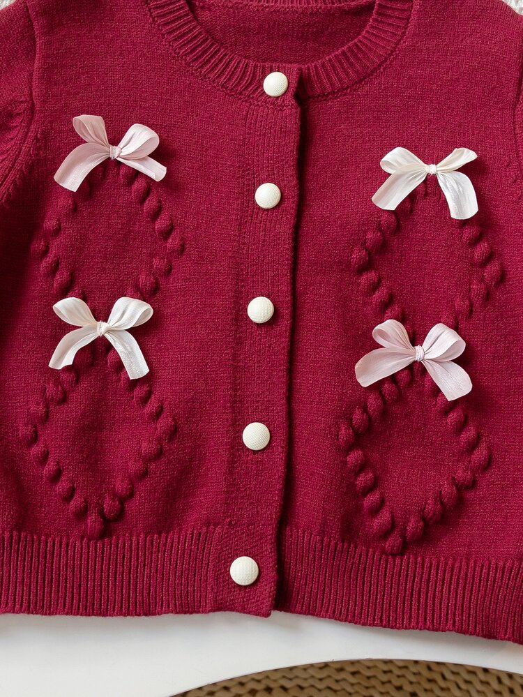SHEIN Young Girls Single-Breasted Loose Long Sleeve Sweater - Burgundy - View 4