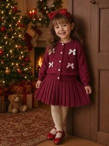 SHEIN Young Girls Single-Breasted Loose Long Sleeve Sweater - Burgundy - View 1