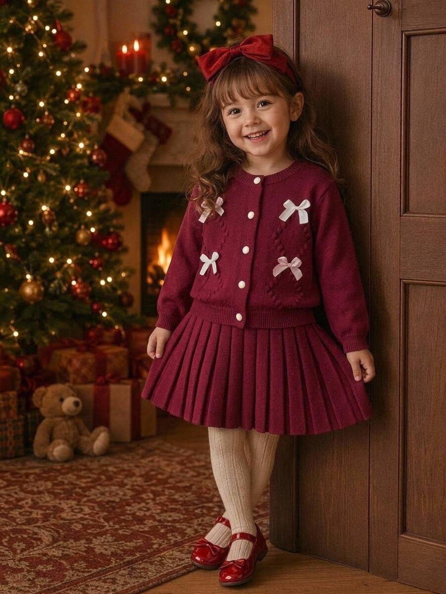 SHEIN Young Girls Single-Breasted Loose Long Sleeve Sweater - Burgundy - View 1