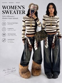 StreetHx Women's Autumn/Winter Round Neck Slim Fit Asymmetrical Striped Colorblock Versatile Street Style Casual Knit Sweater - Apricot - View 6