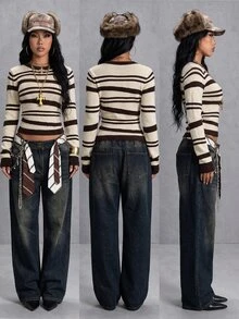 StreetHx Women's Autumn/Winter Round Neck Slim Fit Asymmetrical Striped Colorblock Versatile Street Style Casual Knit Sweater - Apricot - View 9