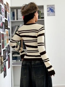 StreetHx Women's Autumn/Winter Round Neck Slim Fit Asymmetrical Striped Colorblock Versatile Street Style Casual Knit Sweater - Apricot - View 3