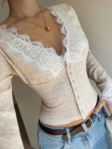Siren Gaze Women's Lace Patchwork Button Sexy Slim Fit T-Shirt - Apricot - View 4