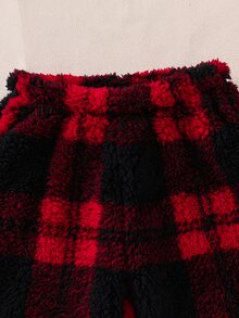 SHEIN 小男孩休閒簡約紅黑格紋長袖上衣與長褲法蘭絨睡衣套裝，秋冬款 - 紅色 - 查看 8