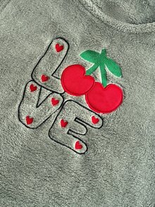 SHEIN Sage Green Fuzzy Plush Cherry Love Embroidery Cozy Winter Homewear Pajama Set Lounge Sleep Cute - Green - View 7