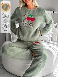 SHEIN Sage Green Fuzzy Plush Cherry Love Embroidery Cozy Winter Homewear Pajama Set Lounge Sleep Cute - Green - View 2