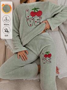 SHEIN Sage Green Fuzzy Plush Cherry Love Embroidery Cozy Winter Homewear Pajama Set Lounge Sleep Cute - Green - View 9