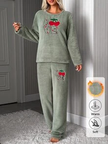SHEIN Sage Green Fuzzy Plush Cherry Love Embroidery Cozy Winter Homewear Pajama Set Lounge Sleep Cute - Green - View 5