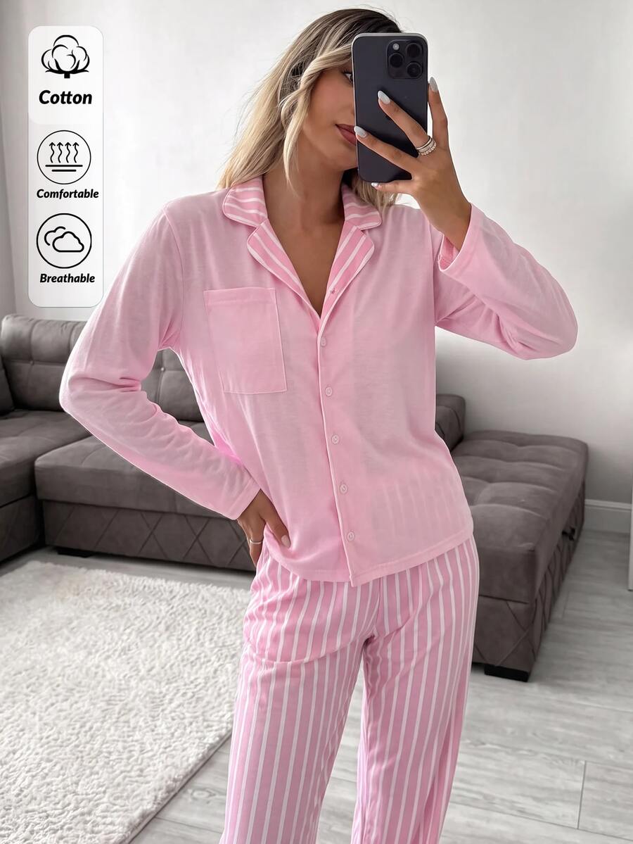 SHEIN Minimalist Button Front Loungewear Pajama Set – Soft Two Pieces Long Sleeve Top & Wide Leg Pants - Pink - View 1