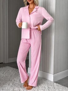 SHEIN Minimalist Button Front Loungewear Pajama Set – Soft Two Pieces Long Sleeve Top & Wide Leg Pants - Pink - View 3