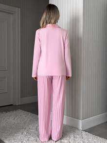 SHEIN Minimalist Button Front Loungewear Pajama Set – Soft Two Pieces Long Sleeve Top & Wide Leg Pants - Pink - View 2