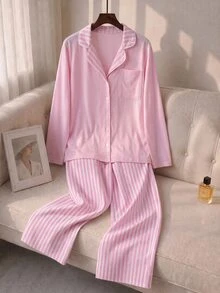 SHEIN Minimalist Button Front Loungewear Pajama Set – Soft Two Pieces Long Sleeve Top & Wide Leg Pants - Pink - View 6