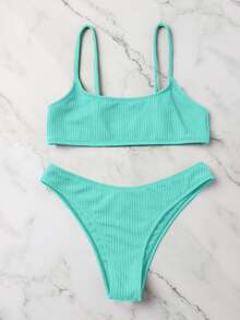 Swim Mod 女款夏季海灘純色性感時尚比基尼兩件式泳衣套裝 - 薄荷綠 - 查看 5