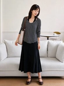 Yumoku Women's Korean Style Black And White Black Long Sleeve Top And Dress 2 Pieces Set Fall Clothes Winter Outfit Brunch French Casual - Black - View 4