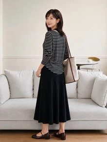 Yumoku Women's Korean Style Black And White Black Long Sleeve Top And Dress 2 Pieces Set Fall Clothes Winter Outfit Brunch French Casual - Black - View 3