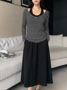 Yumoku Women's Korean Style Black And White Black Long Sleeve Top And Dress 2 Pieces Set Fall Clothes Winter Outfit Brunch French Casual - Black - View 9