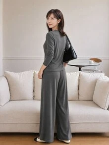 Yumoku Women's Grey Knit Set V-Neck Top Wide Leg Casual Elegant Pants Commuter Outfit Fall Office - Grey - View 2