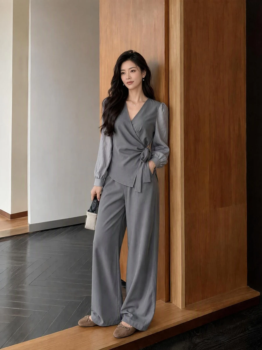Yumoku Women's Lace-Up Long Sleeve Shirt And Pleated Pants Two Pieces Set Fall Clothes Winter Outfit Office Light Grey Smart Casual Business Casual