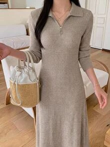 Yumoku 女款純色休閒日常夏季中長洋裝 秋季女裝 冬季女裝套裝 優雅女款洋裝 - 棕色 - 查看 11