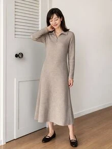 Yumoku 女款純色休閒日常夏季中長洋裝 秋季女裝 冬季女裝套裝 優雅女款洋裝 - 棕色 - 查看 7