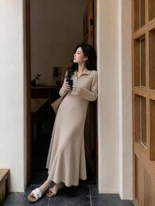 Yumoku 女款純色休閒日常夏季中長洋裝 秋季女裝 冬季女裝套裝 優雅女款洋裝 - 棕色 - 查看 2