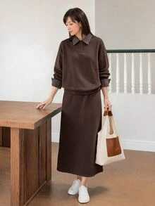Yumoku 女款對比色長袖上衣與裙子休閒兩件套，早午餐穿搭，棕色系深棕色，冬季款 - 棕色 - 查看 3