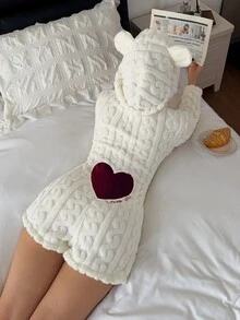 SHEIN 動物造型連帽紅色愛心刺繡連身褲，女款，冬季毛絨，蓬鬆舒適 - 白色 - 查看 4