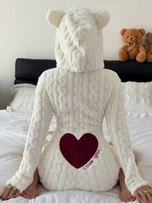 SHEIN 動物造型連帽紅色愛心刺繡連身褲，女款，冬季毛絨，蓬鬆舒適 - 白色 - 查看 1